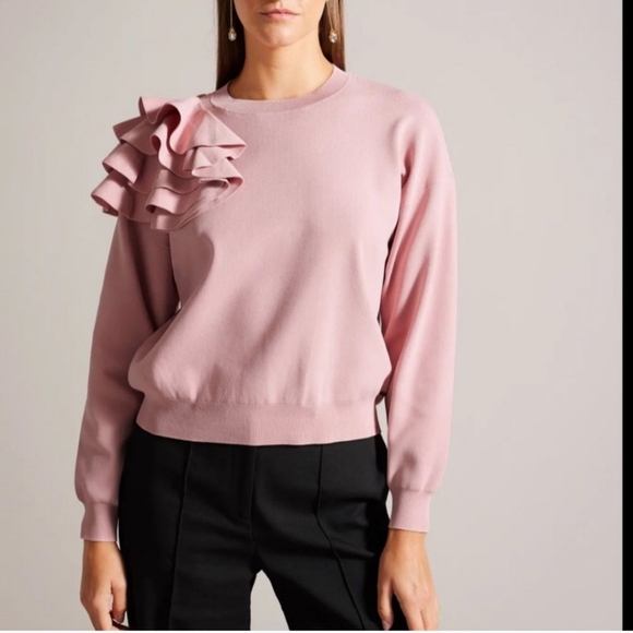$259 Ted Baker Pink Ozai Sweatshirt with Ruffles US 6 - Picture 2 of 5
